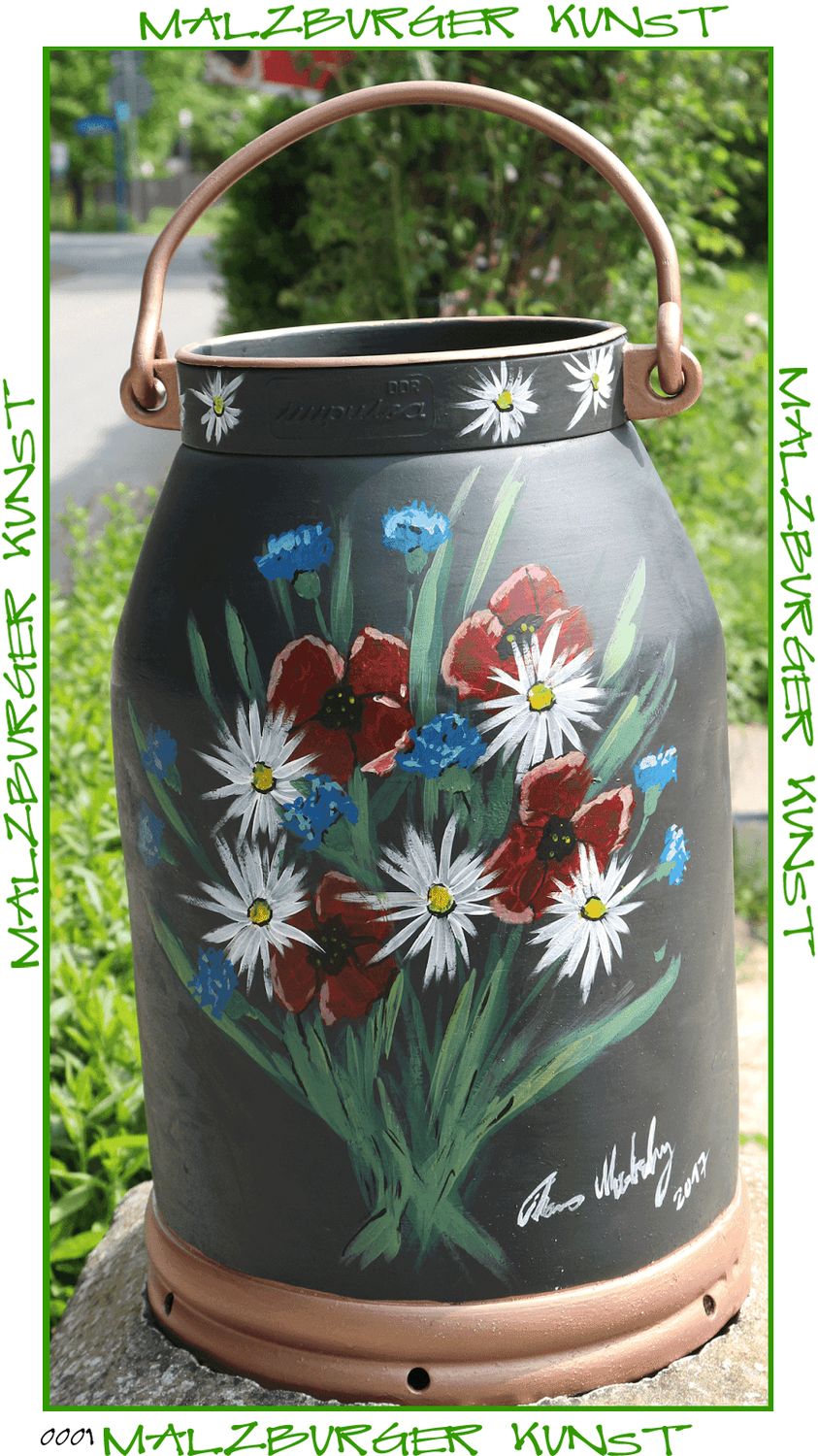 Bemalte Milchkanne mit Blumenmotiv von Th.Malzburg