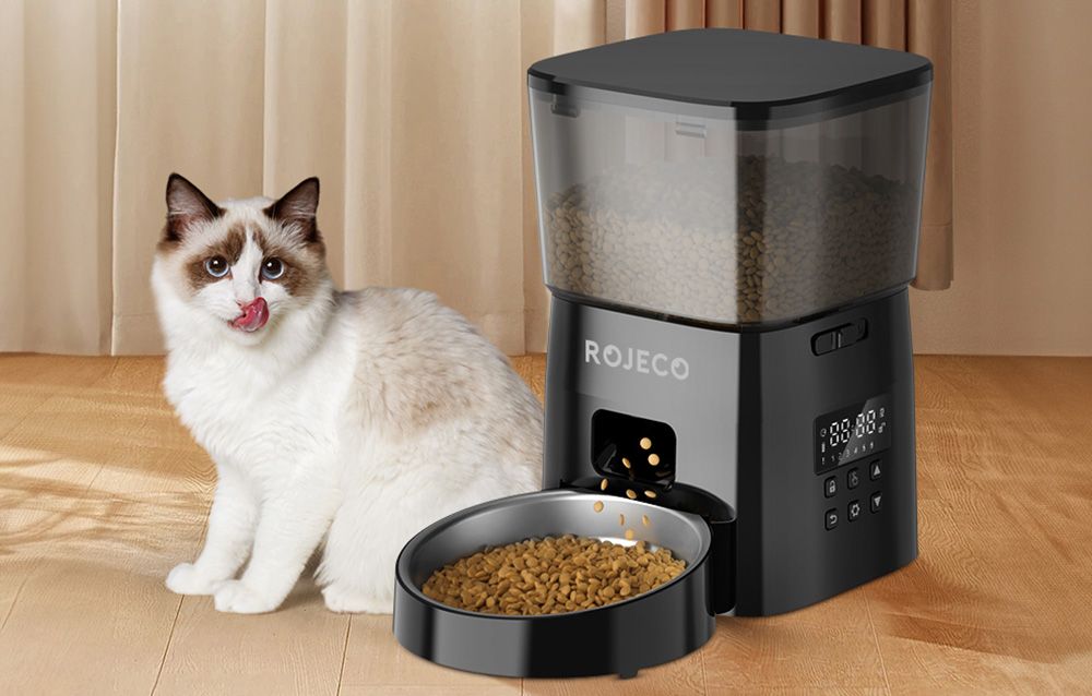 ROJECO Automatic Cat &amp; Dog Feeder, APP Controlled Timed Pet Feeder Programmable, 2.4G WiFi Auto Cat Feeder with Stainless Steel Bowl, Black