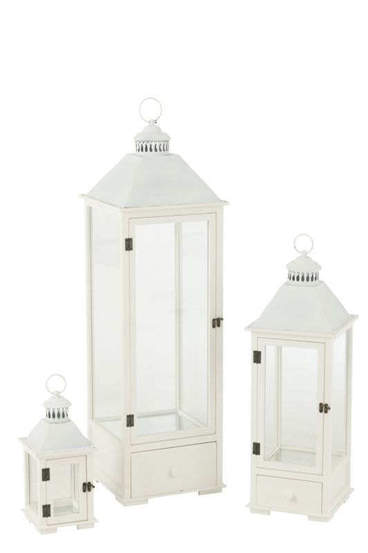 Lantaarn sparhout/metaal wit large