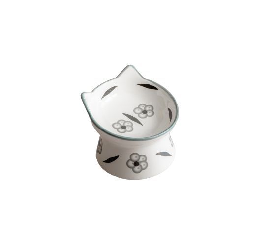 Dexypaws / bol surélevé céramique pour chat , blanc avec fleur  7 oz