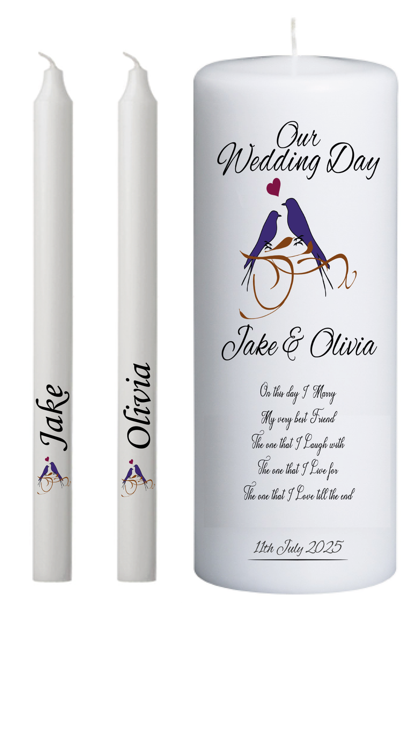 Unity Candle Set - Purple Love Birds