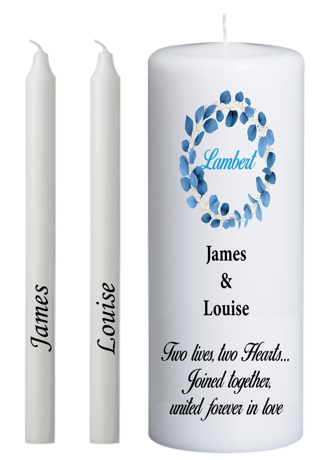 Unity Candle Set Blue Eucalyptus with Family Name