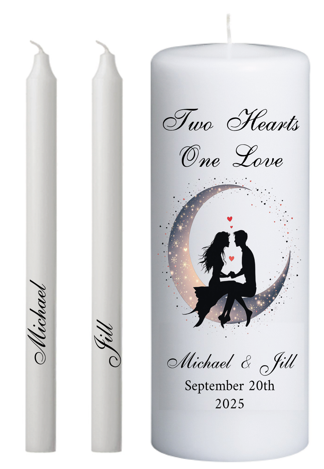 Wedding Unity Candle set 2 Hearts one Love Moon Couple