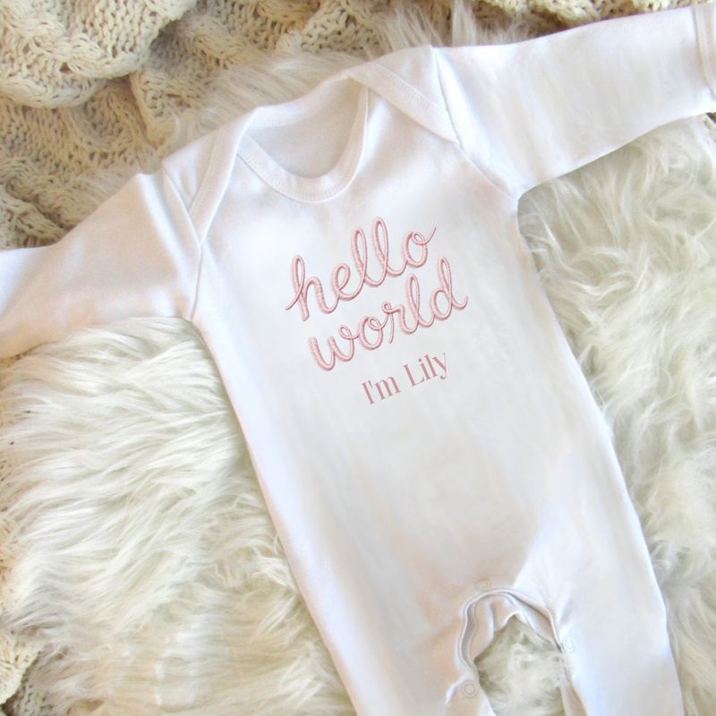 Hello World Sleepsuit - Pink Embroidered Print Design