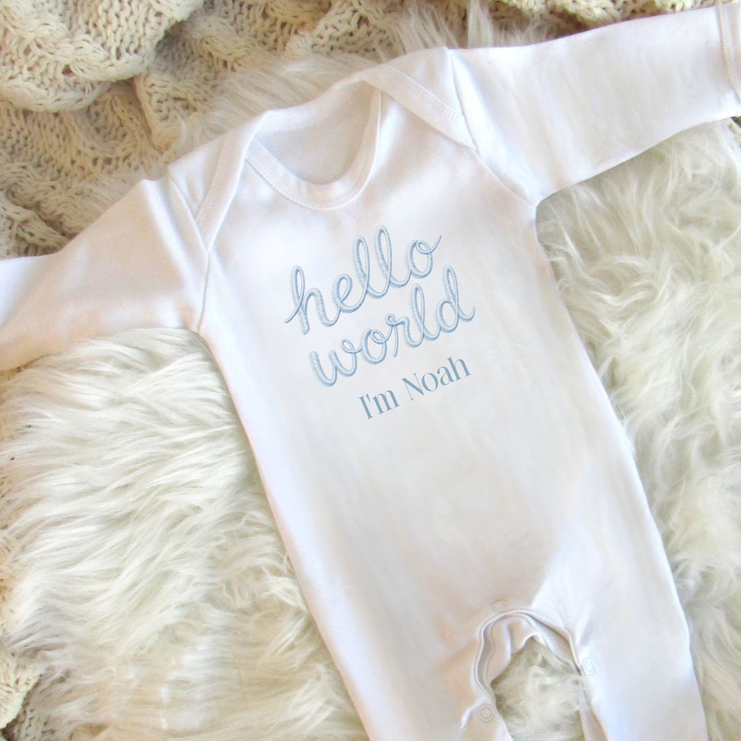 Hello World Sleepsuit - Blue Embroidered Print Design