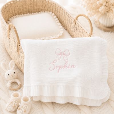 Personalised Frilly Knit Bow Blanket Personalised Frilly Knit Bow Blanket