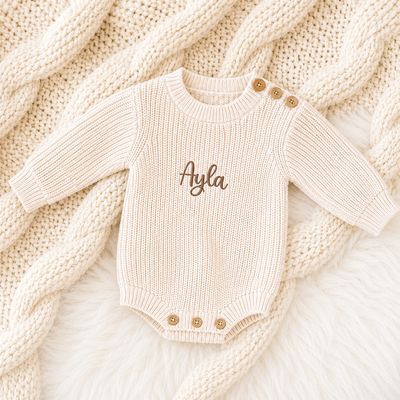 Personalised Baby Knit Romper - Beige Personalised Baby Knit Romper - Beige