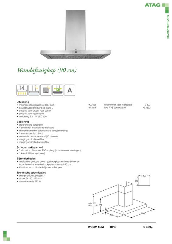Toestellen: dampafzuiger wandmodel Atag WS 9211 EM inox