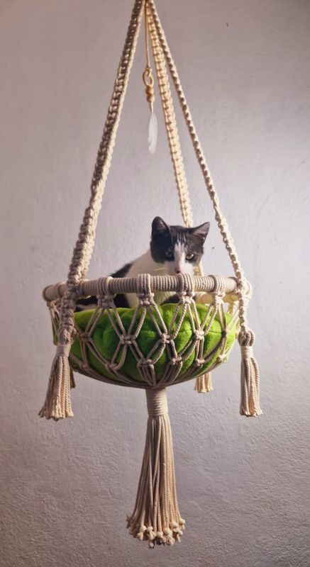 Macrame Cat Hammock | Handwoven Boho Pet Bed with Soft Pillow