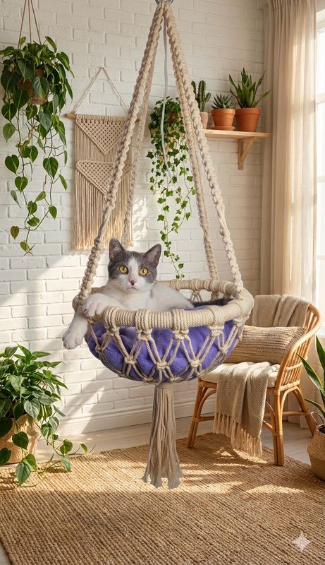 Macrame Cat Hammock | Handwoven Boho Pet Bed with Soft Pillow