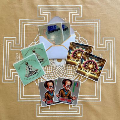 Complete set of all four Karmic Shift stickers and a single carry envelope fanned out for display.