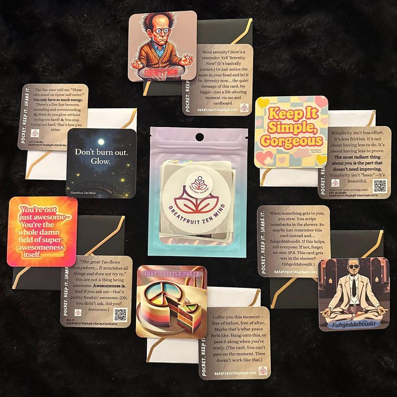All products category image featuring complete set of Pocketful of Zen cards, sticker pack, carry case and envelopes.