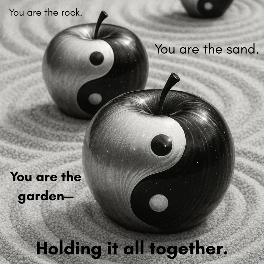 Black and white yin-yang apple sculptures placed in a Zen sand garden with concentric patterns, symbolic decor product image.