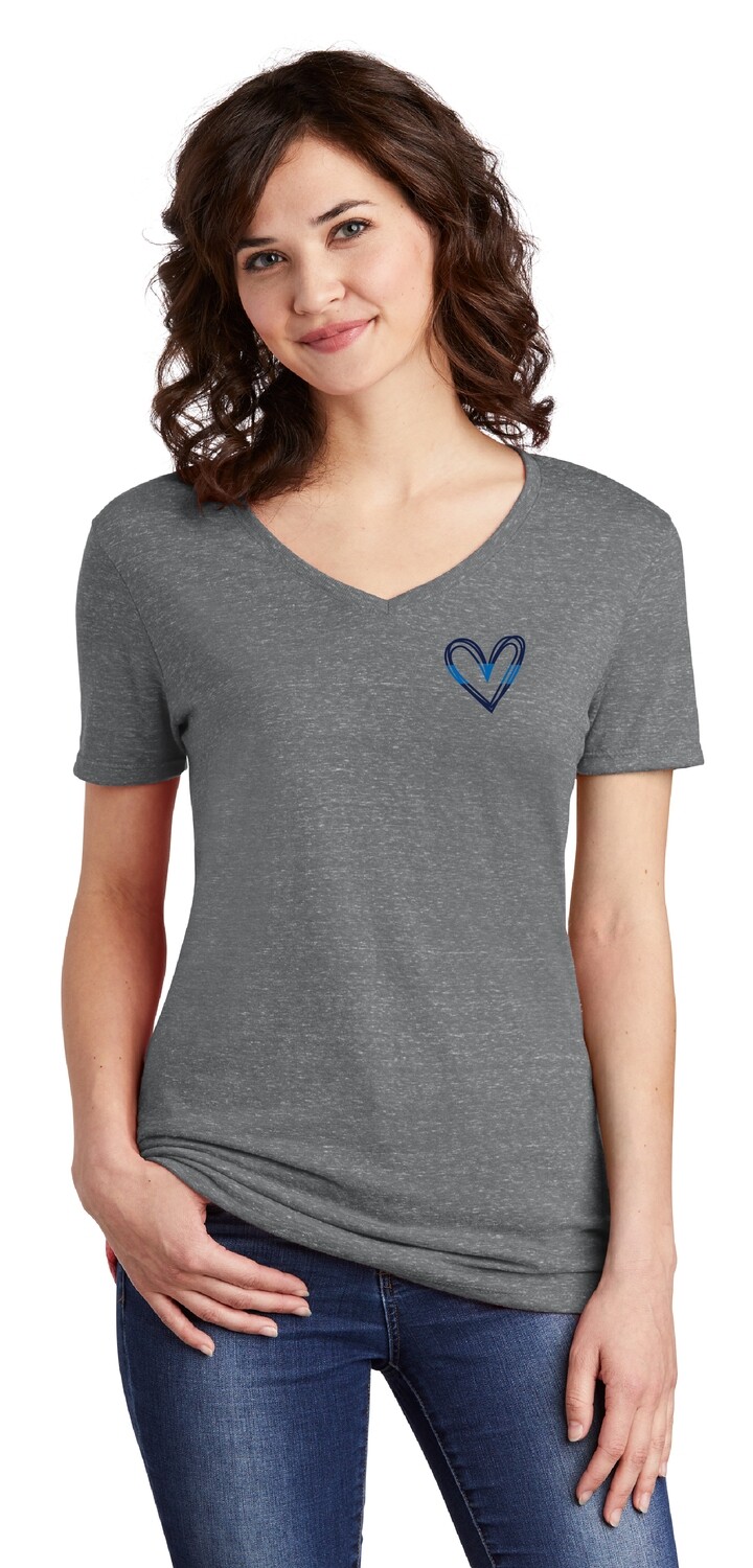 Ladies Blue Line Heart V-Neck Short Sleeve Shirt