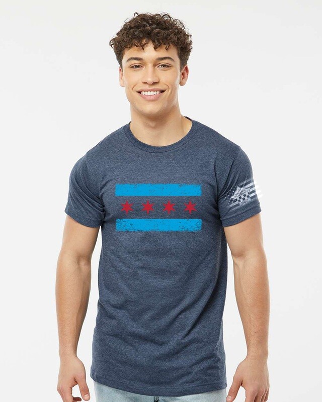 Memorial Chicago Flag T-Shirt with Left Sleeve American Flag