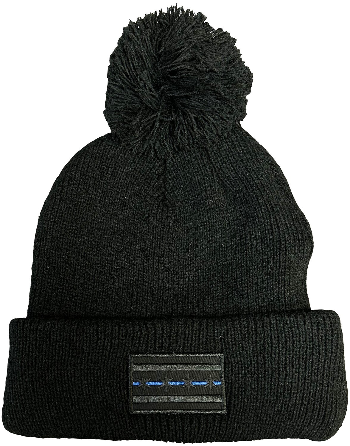 Chicago Flag Blue Line Black Patch Pom Knit Hat Black