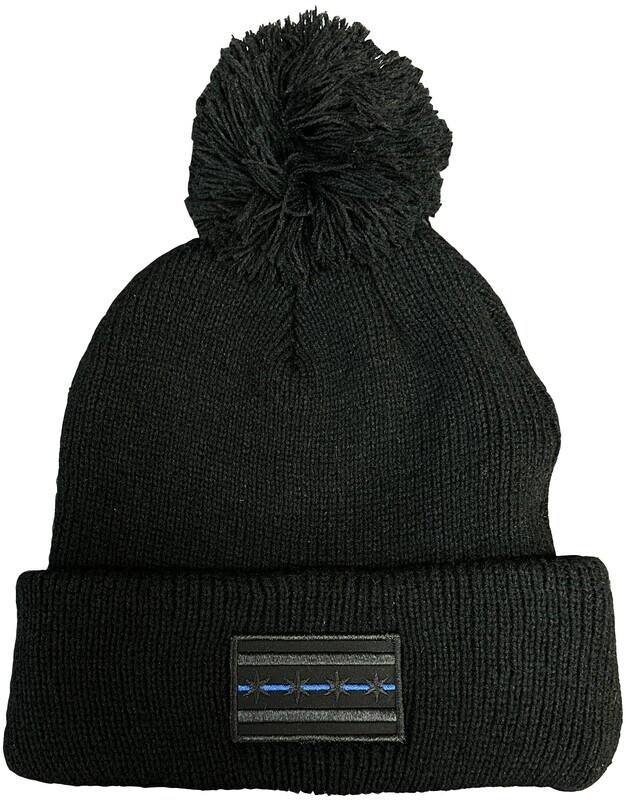 Chicago Flag Blue Line Black Patch Pom Knit Hat Black