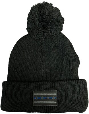 Chicago Flag Blue Line Black Patch Pom Knit Hat Black