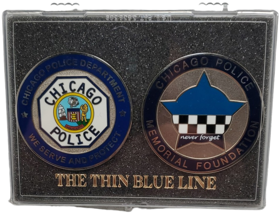 CPD Memorial &amp; CPD Octagon Challenge Coin w The Thin Blue Line Display Case