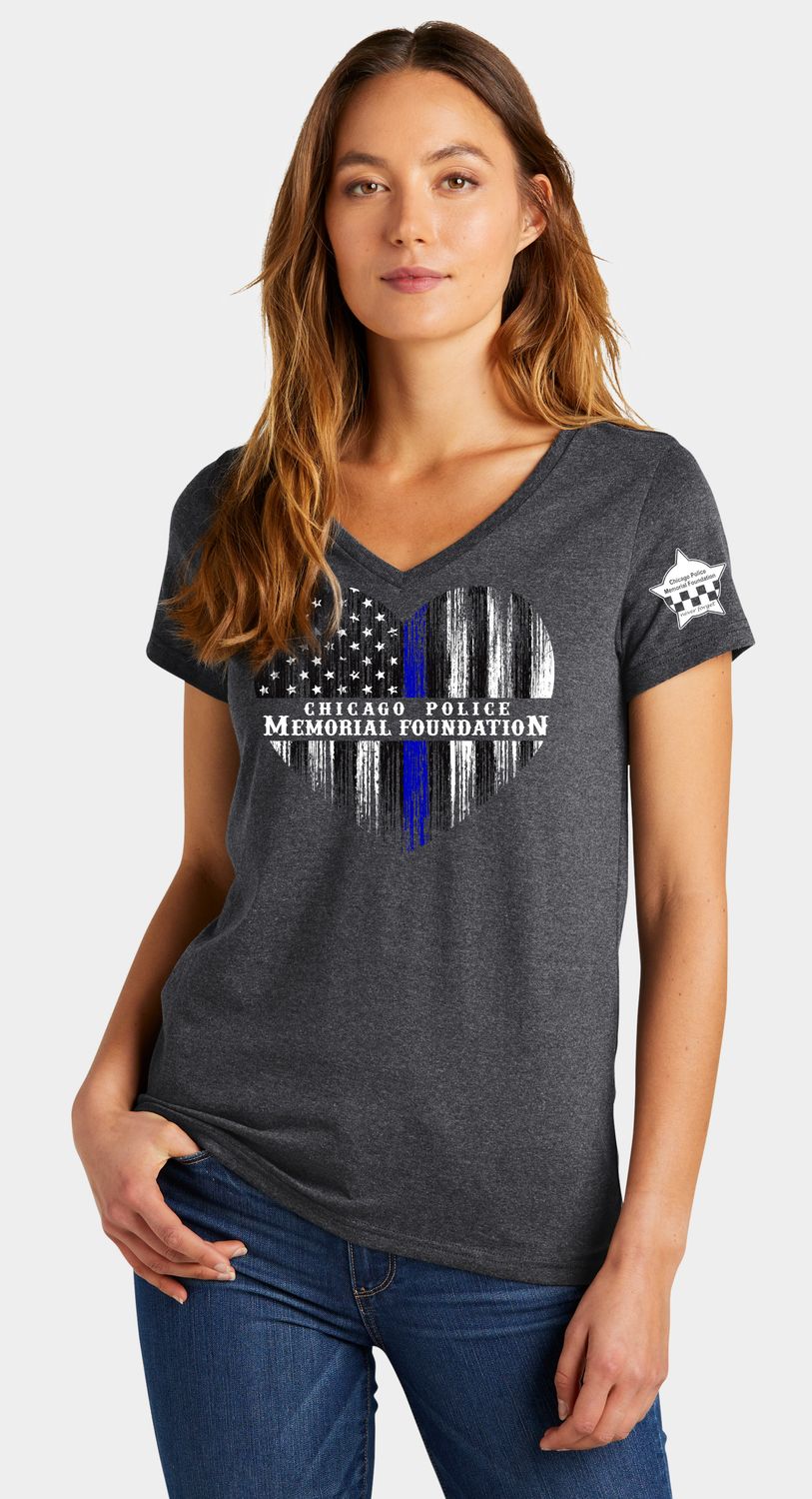 Ladies Big Heart V-Neck Heather Grey Short Sleeve Shirt