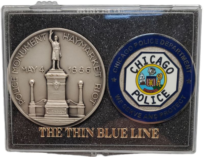 CPD Octagon & Police Monument Haymarket Riot Challenge Coin w/ The Thin Blue Line Display Case