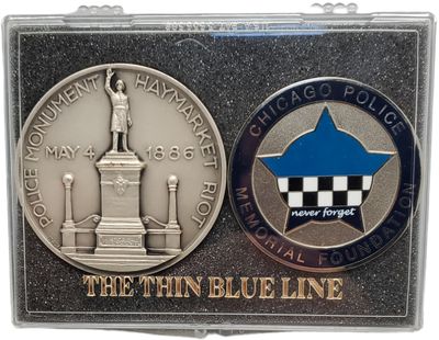 CPD Memorial &amp; Police Monument Haymarket Riot Challenge Coin w/ The Thin Blue Line Display Case
