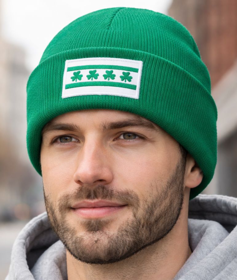 Chicago Flag Shamrock Irish Cuffed Knit Hat Kelly Green
