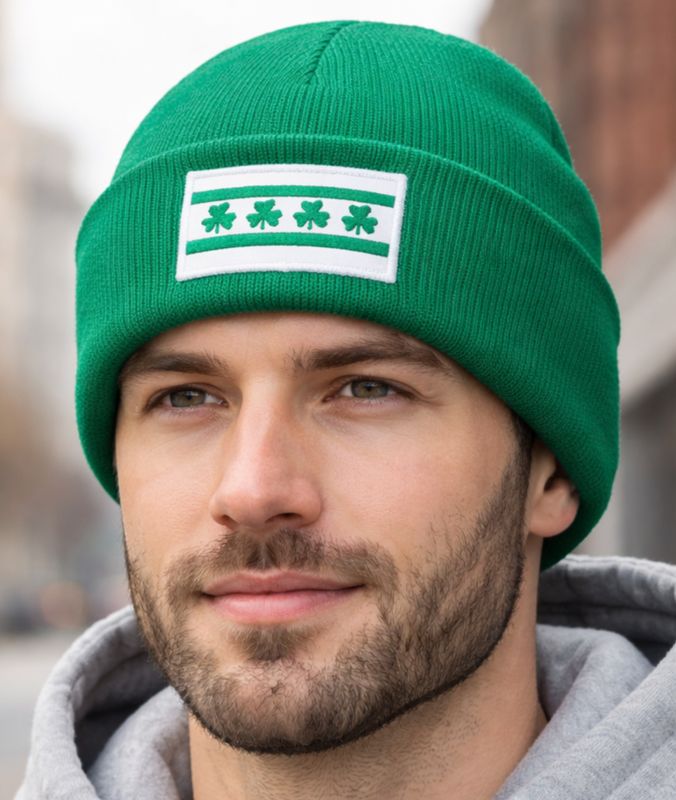 Chicago Flag Shamrock Irish Cuffed Knit Hat Kelly Green