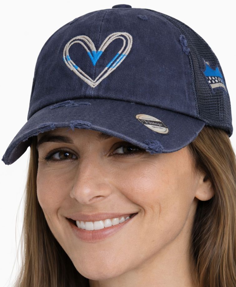 Blue Line Heart Distressed Ladies hat