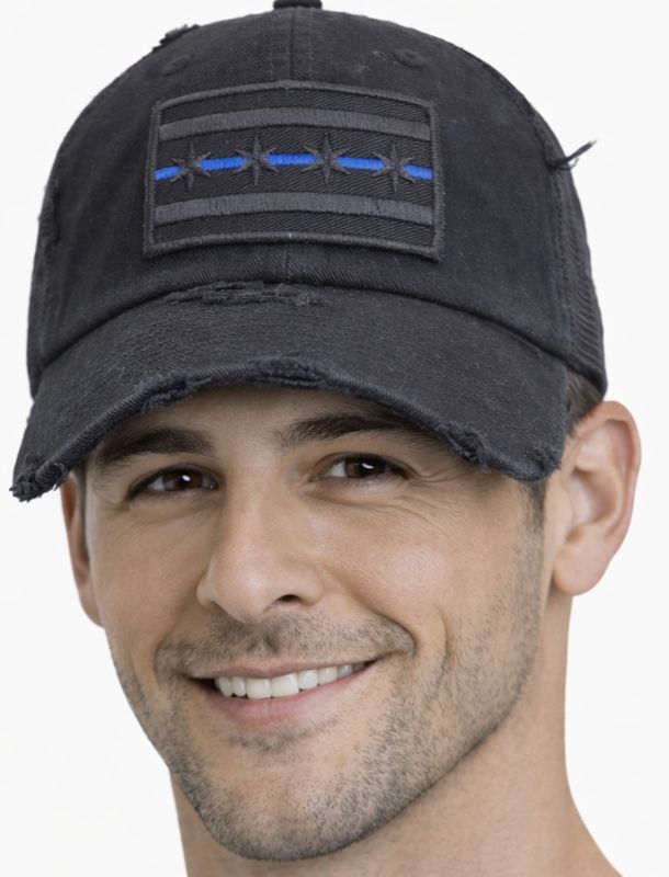 Chicago Blue Line Flag Distressed Trucker Mesh Snapback Black on Black