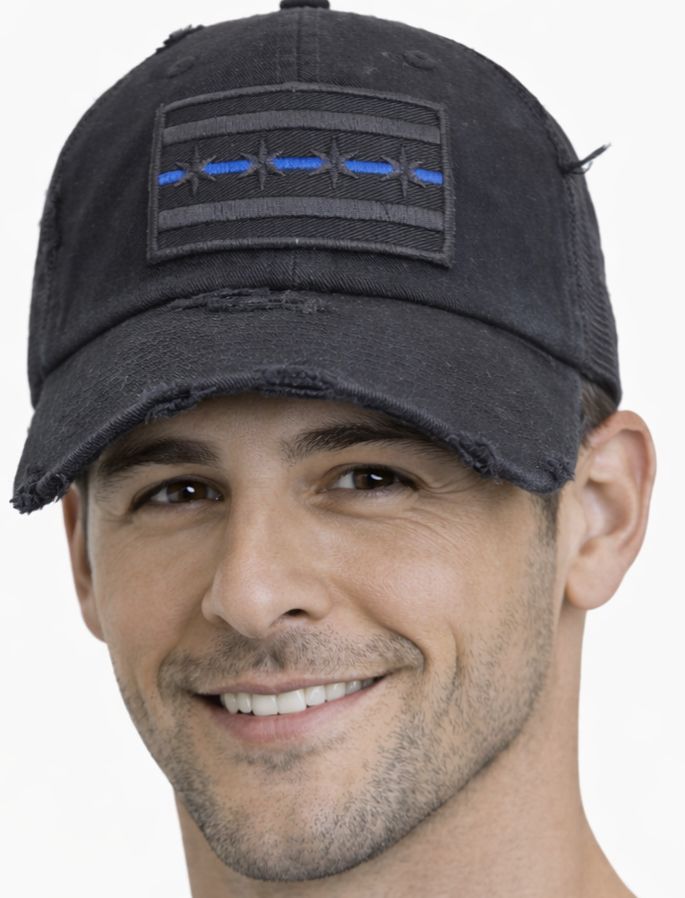 Chicago Blue Line Flag Distressed Trucker Mesh Snapback Black on Black