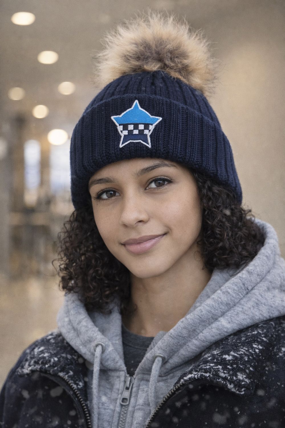 Memorial Navy Knit Cap with Pom and Cuff