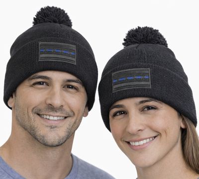 Black Chicago Blue line Cuffed Pom Knit With Fleece Line Hat