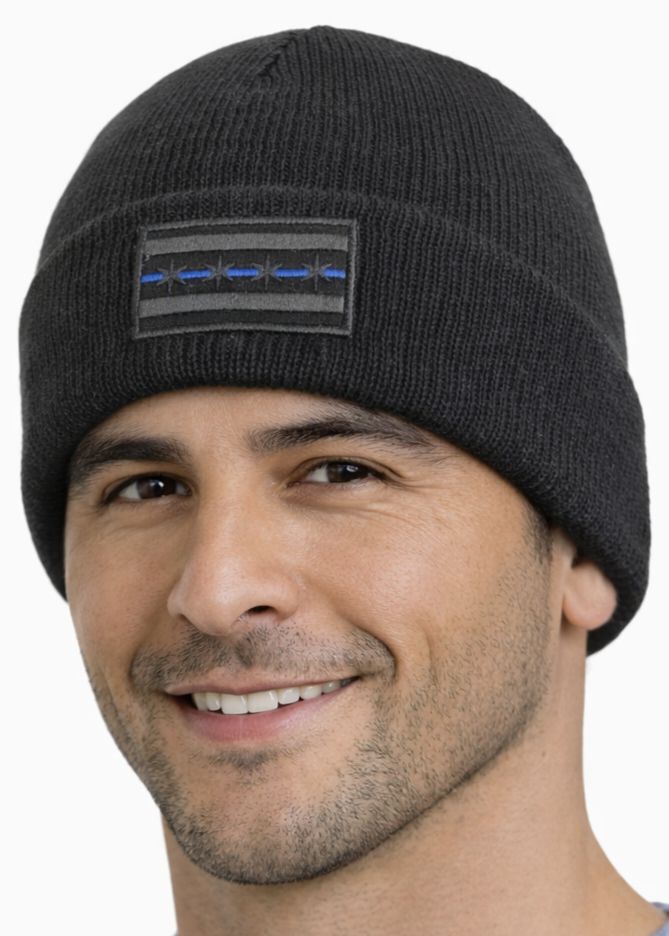 Black Chicago Blue line Cuffed Knit Hat Black