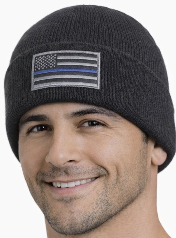 American Flag Grey  Blue Line Patch Cuffed Knit Black