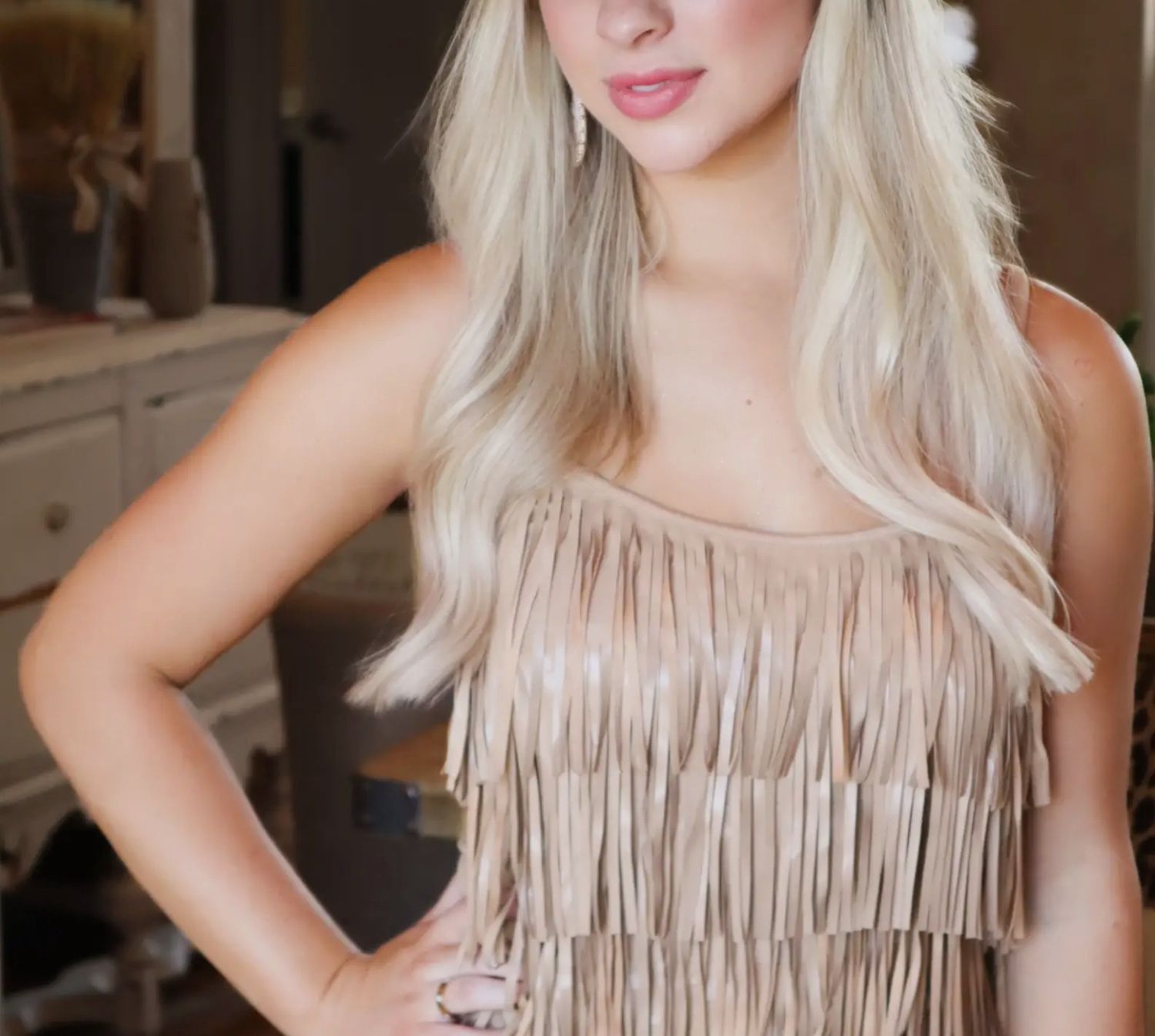 Living On The Edge Fringe Tank-Tan