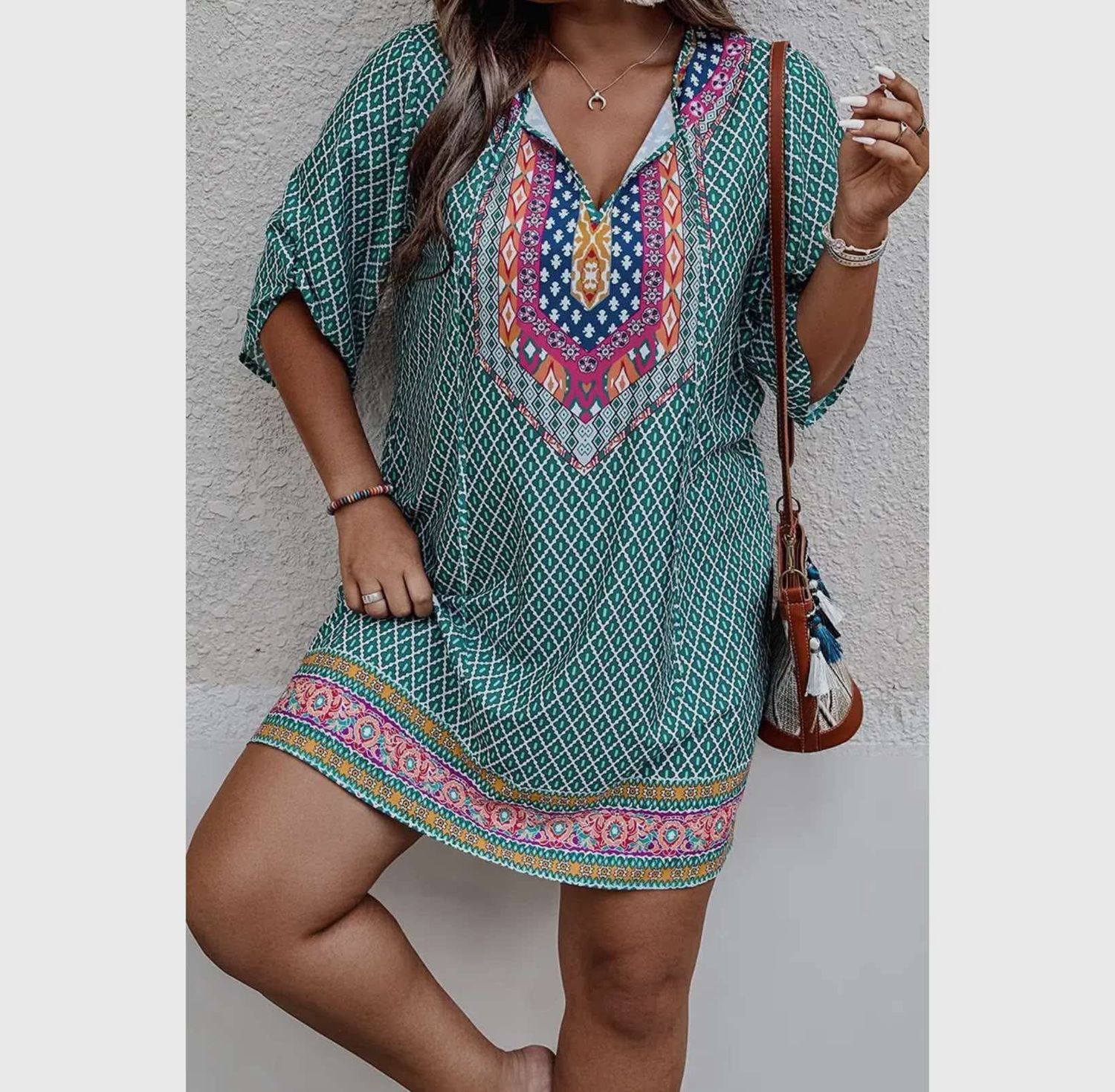 V Neck Printed Loose Fit Dress
