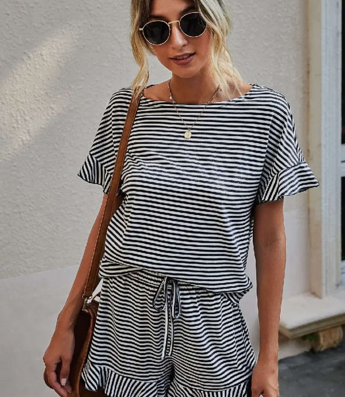 Round Neck Striped Top Short Set