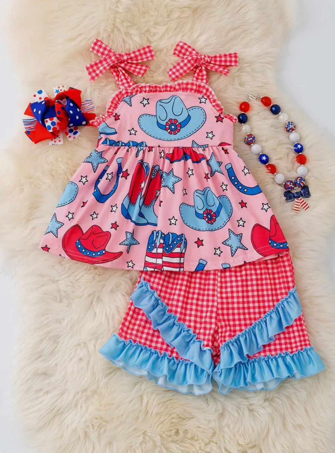 Western Cow Girls Pink Tunik with Red Shorts