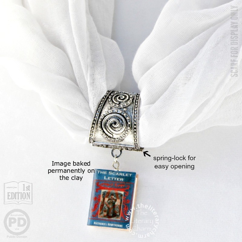 SCARLET LETTER Book Pendant Scarf Ring Hinged Spring Lock