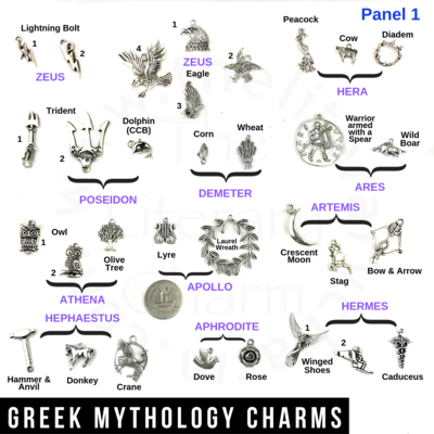 Greek Mythology Charms, Greek Gods Goddesses Symbols, Greek Demigods, Titans, Heroes, Olympus, Statues, Pewter Pendants, Costume Jewelry, Party Favors, Percy Jackson, Camp Half Blood