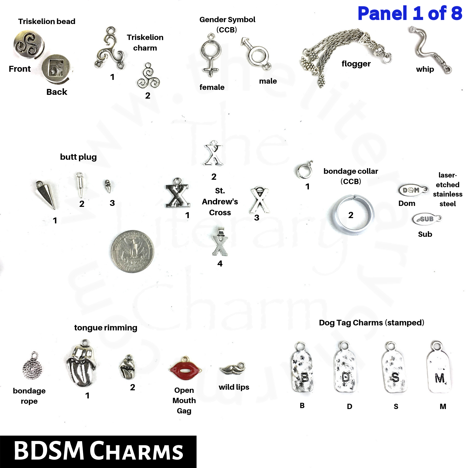 BDSM Pewter Charms, bdsm collar, bdsm toys, bdsm jewelry, kink toys, Triskelion symbol, Bondage, Submissives, Dominatrix, Erotica, dungeon favors, dom sub