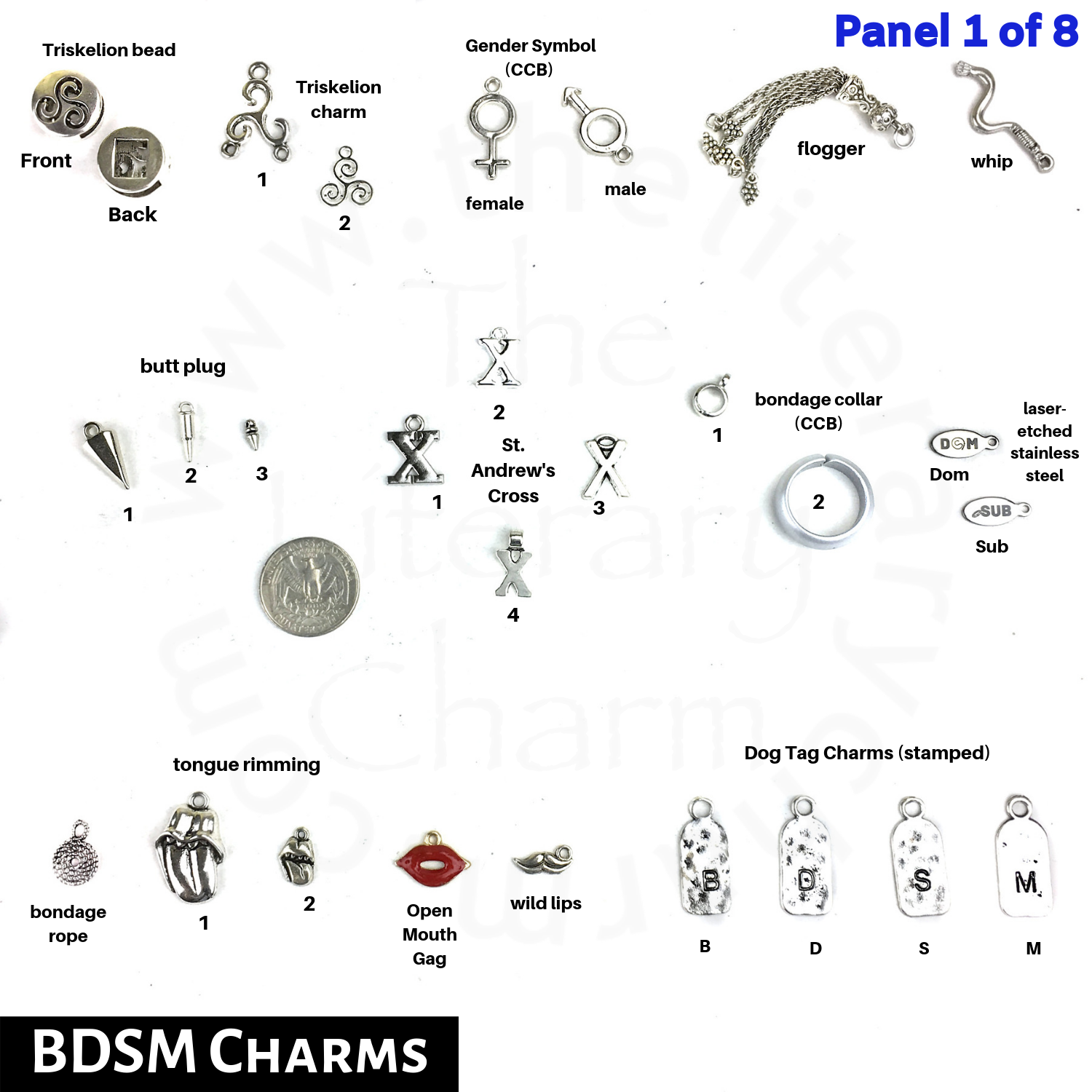 BDSM Pewter Charms, bdsm collar, bdsm toys, bdsm jewelry, kink toys, Triskelion symbol, Bondage, Submissives, Dominatrix, Erotica, sex, dungeon favors, dom sub