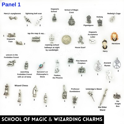 Harry Potter Themed Pewter Charms, School of Magic Pendants, Wizard Witchcraft Sorcery Favors, Spells Potions Magic Wand Ancient Runes,  DIY Jewelry Gifts Tokens