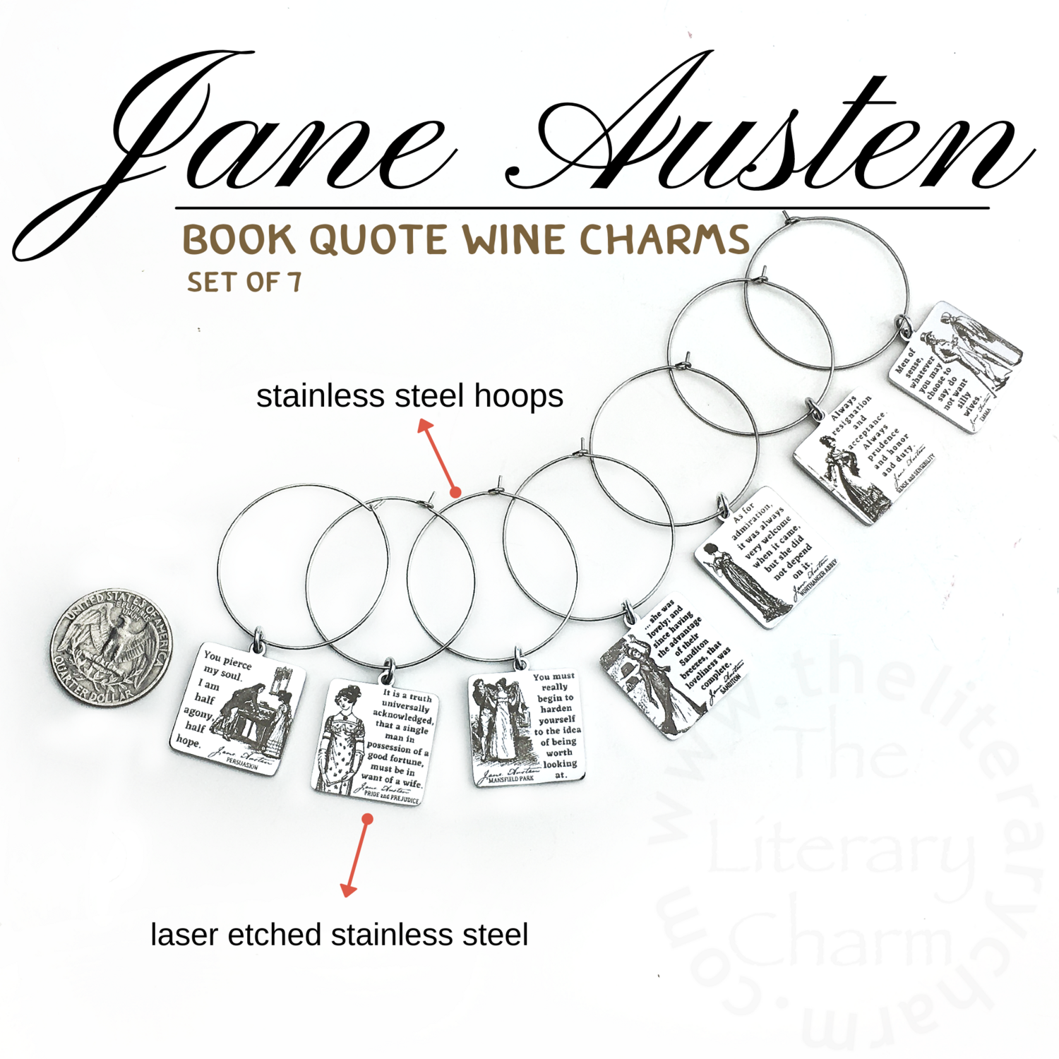 JANE AUSTEN Book Quote Wine Charms Beverage Drink Markers 7 Piece Set Hostess Gift