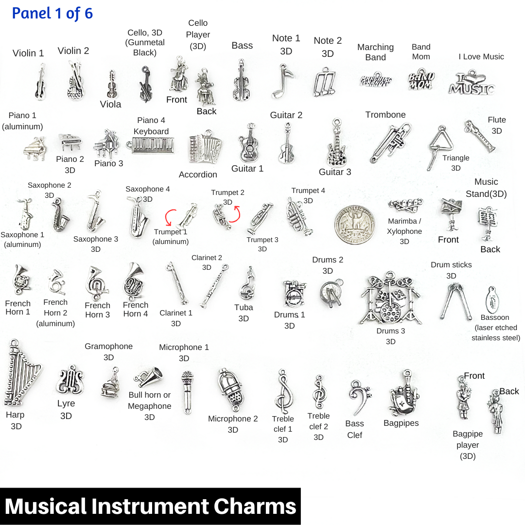 MUSICAL INSTRUMENT CHARMS, Marching Band Charms, Orchestra charms, Rock Band charms, Jazz Band charms, Band Mom jewelry, Bassoon, Tuba, Percussion, Violin, Cello, Piano, Triangle, Guitar, Flute, Drums