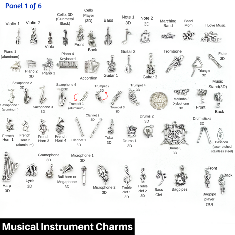 MUSICAL INSTRUMENT CHARMS, Marching Band Charms, Orchestra charms, Rock Band charms, Jazz Band charms, Band Mom jewelry, Bassoon, Tuba, Percussion, Violin, Cello, Piano, Triangle, Guitar, Flute, Drums