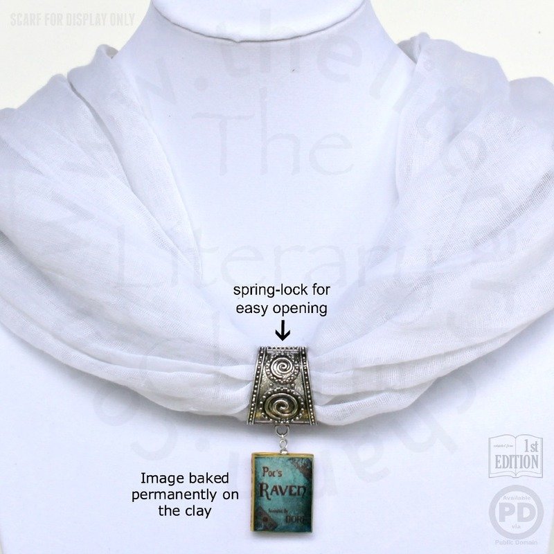 THE RAVEN Book Pendant Scarf Ring Hinged Spring Lock