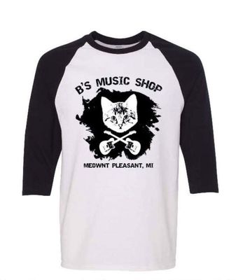 B&#39;s Music Shop Danger Cat Baseball T-Shirt