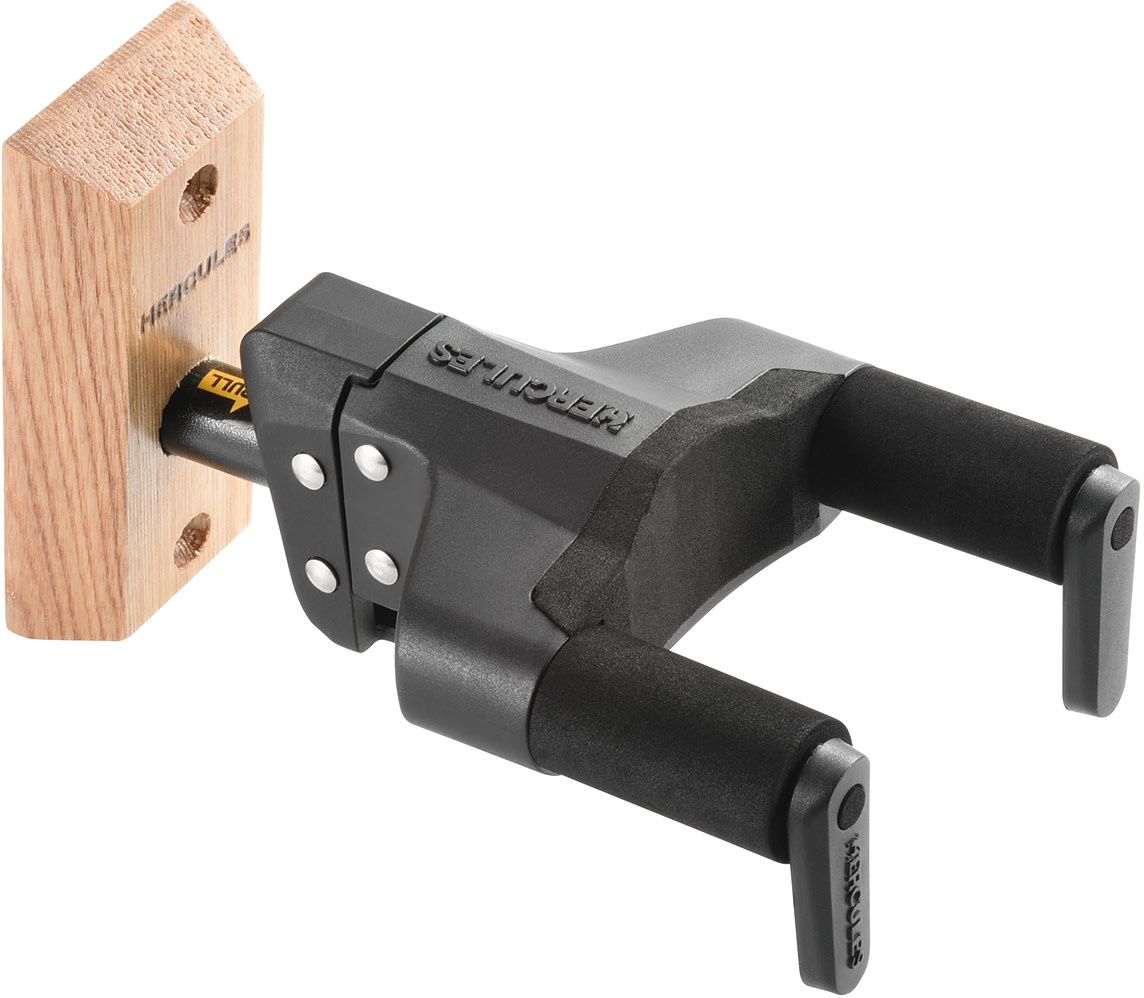 Hercules PLUS Series Universal AutoGrip Wall Mount Guitar Hanger w/Wood Base, Short Arm